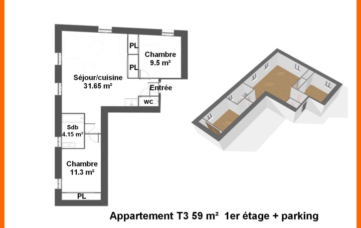 3 Pièces MONTLUEL (01120)  59 m2 185 000 € 